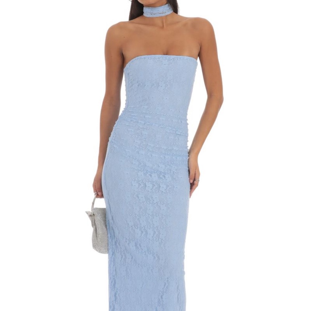 Blue Scarf Strapless Dress